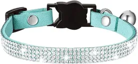 Serijoars Cat Collars,Rhinestone for Girl Cats Bling Kitten Flower Adjustable Breakaway Collar with Bell Soft Velvet Leather Collar for Puppy Small Dogs (Blue)