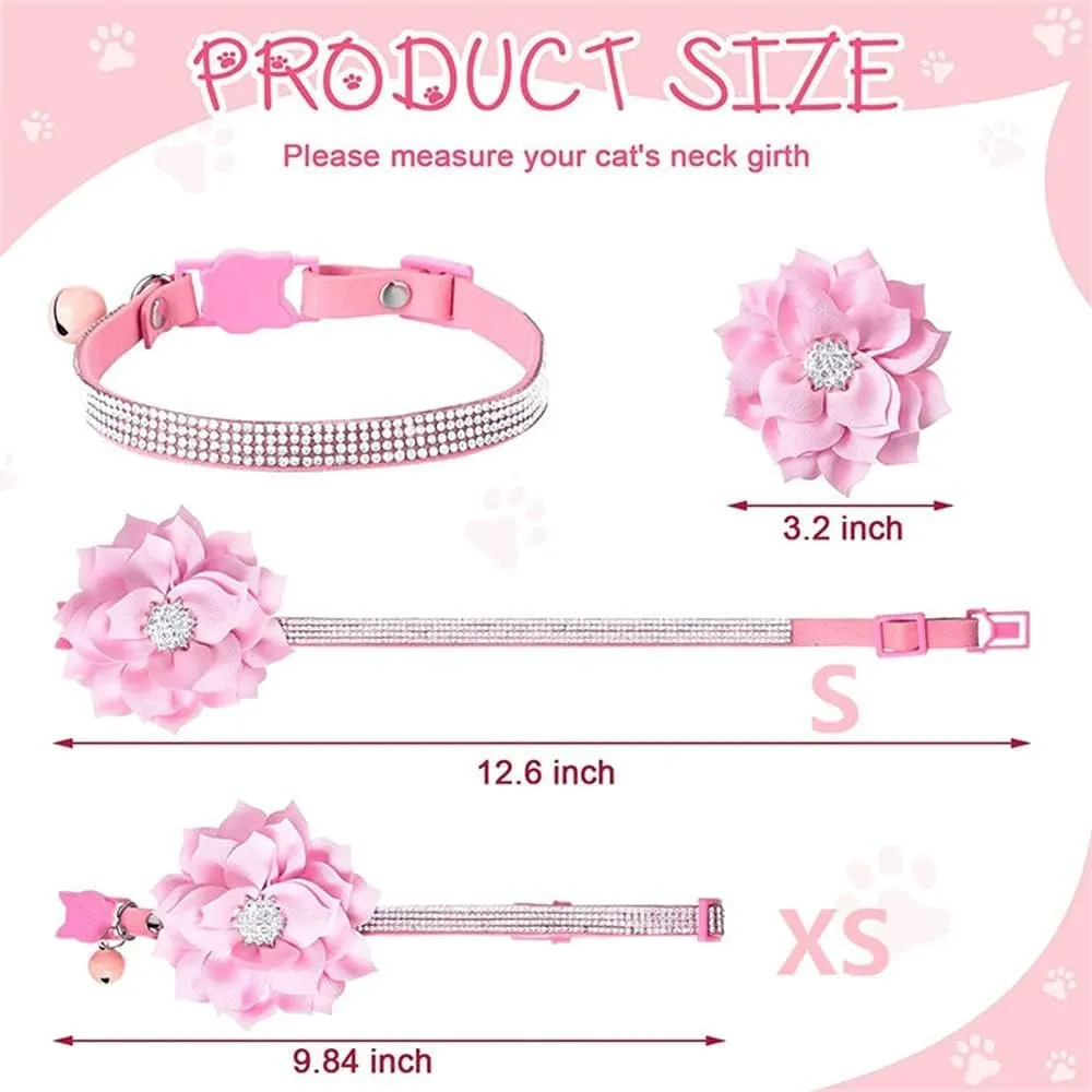 Serijoars Cat Collars,Rhinestone for Girl Cats Bling Kitten Flower Adjustable Breakaway Collar with Bell Soft Velvet Leather Collar for Puppy Small Dogs (Blue)