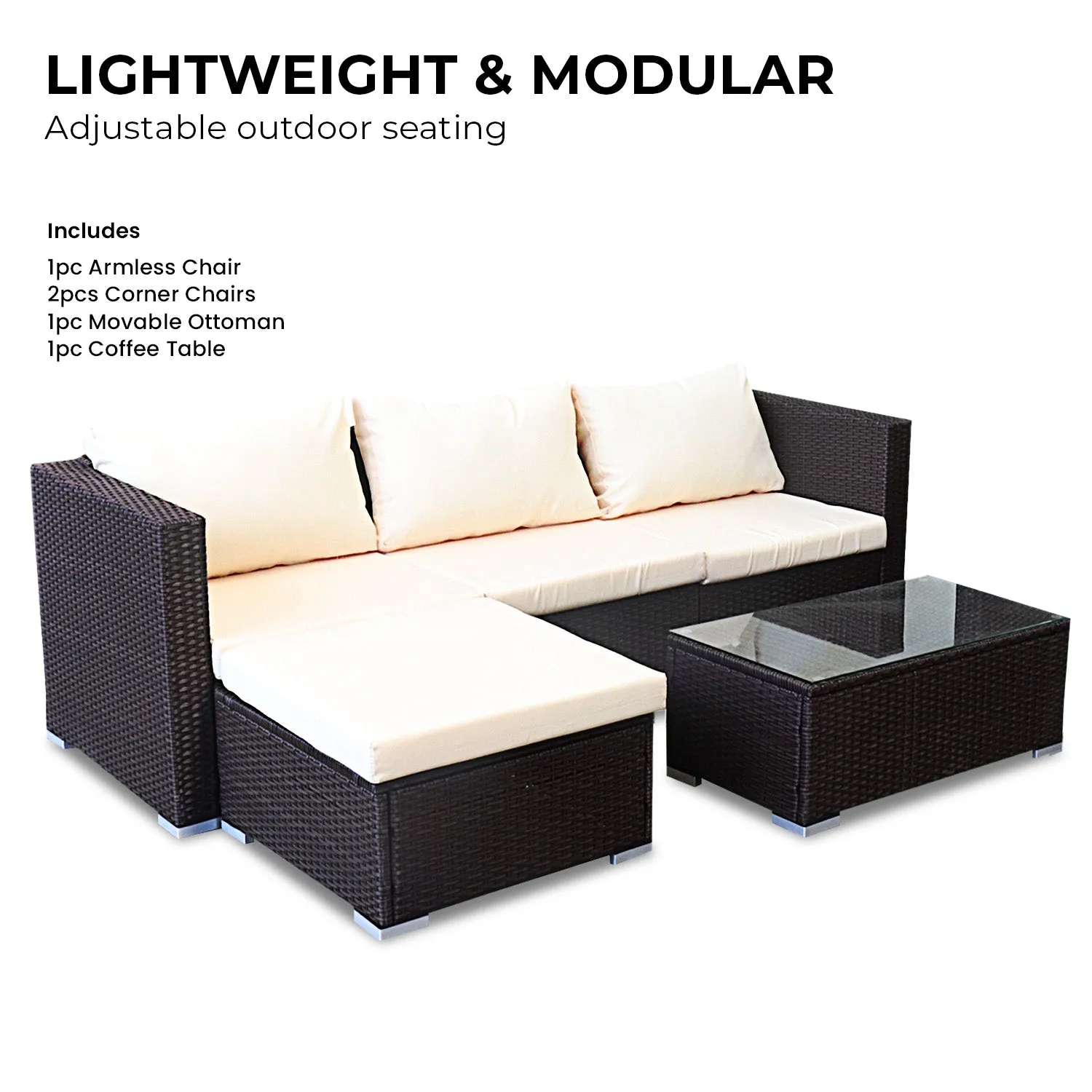 Sonny 4-Seater Modular Lounge Set PE Rattan 5-Piece Outdoor Sofa - Brown