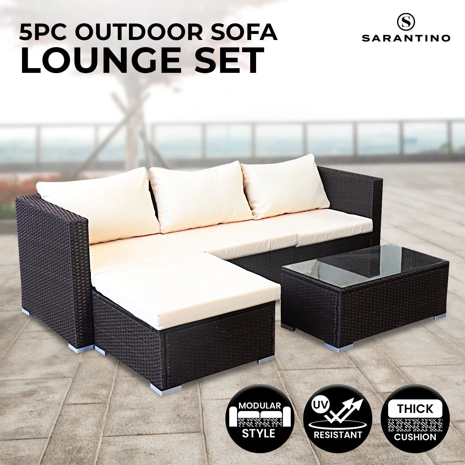 Sonny 4-Seater Modular Lounge Set PE Rattan 5-Piece Outdoor Sofa - Brown