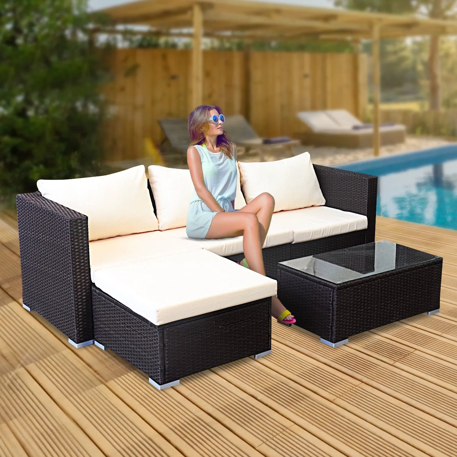 Sonny 4-Seater Modular Lounge Set PE Rattan 5-Piece Outdoor Sofa - Brown