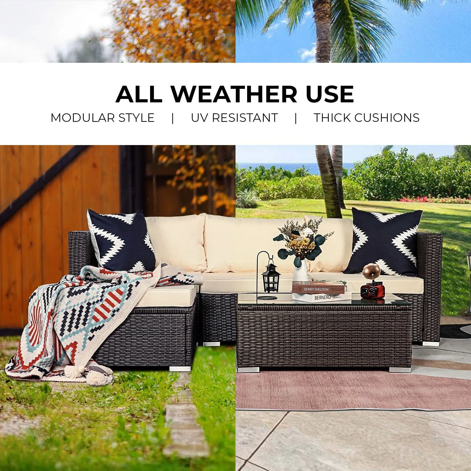 Sonny 4-Seater Modular Lounge Set PE Rattan 5-Piece Outdoor Sofa - Brown