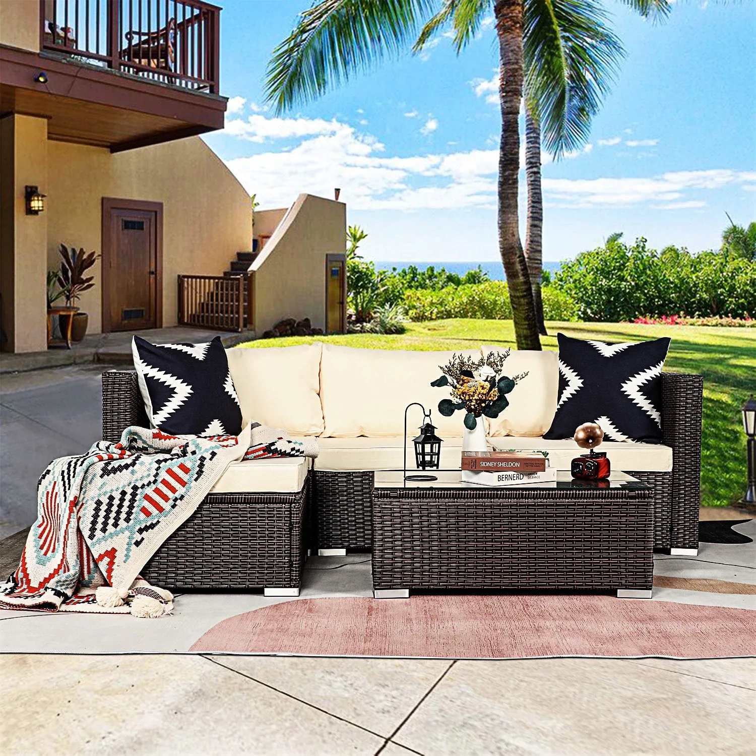 Sonny 4-Seater Modular Lounge Set PE Rattan 5-Piece Outdoor Sofa - Brown