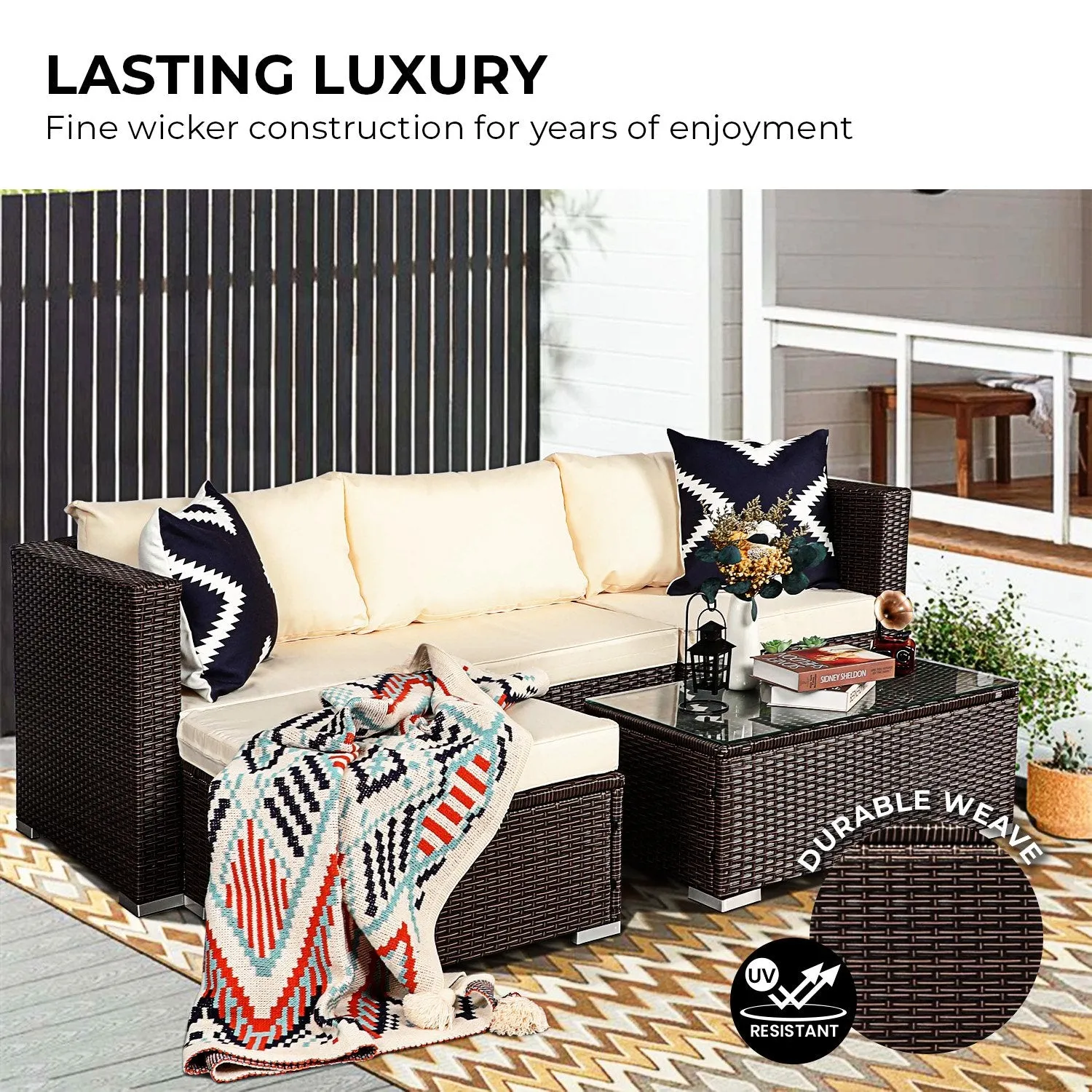 Sonny 4-Seater Modular Lounge Set PE Rattan 5-Piece Outdoor Sofa - Brown