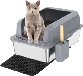 Stainless Steel Cat Litter Box with Lid Enclosed Extra Large Litter Box for Big Cats XL Metal Litter Pan with High Wall Sides Enclosure, Never Absorbs Odors, Anti-Urine Leakage, Easy Cleaning