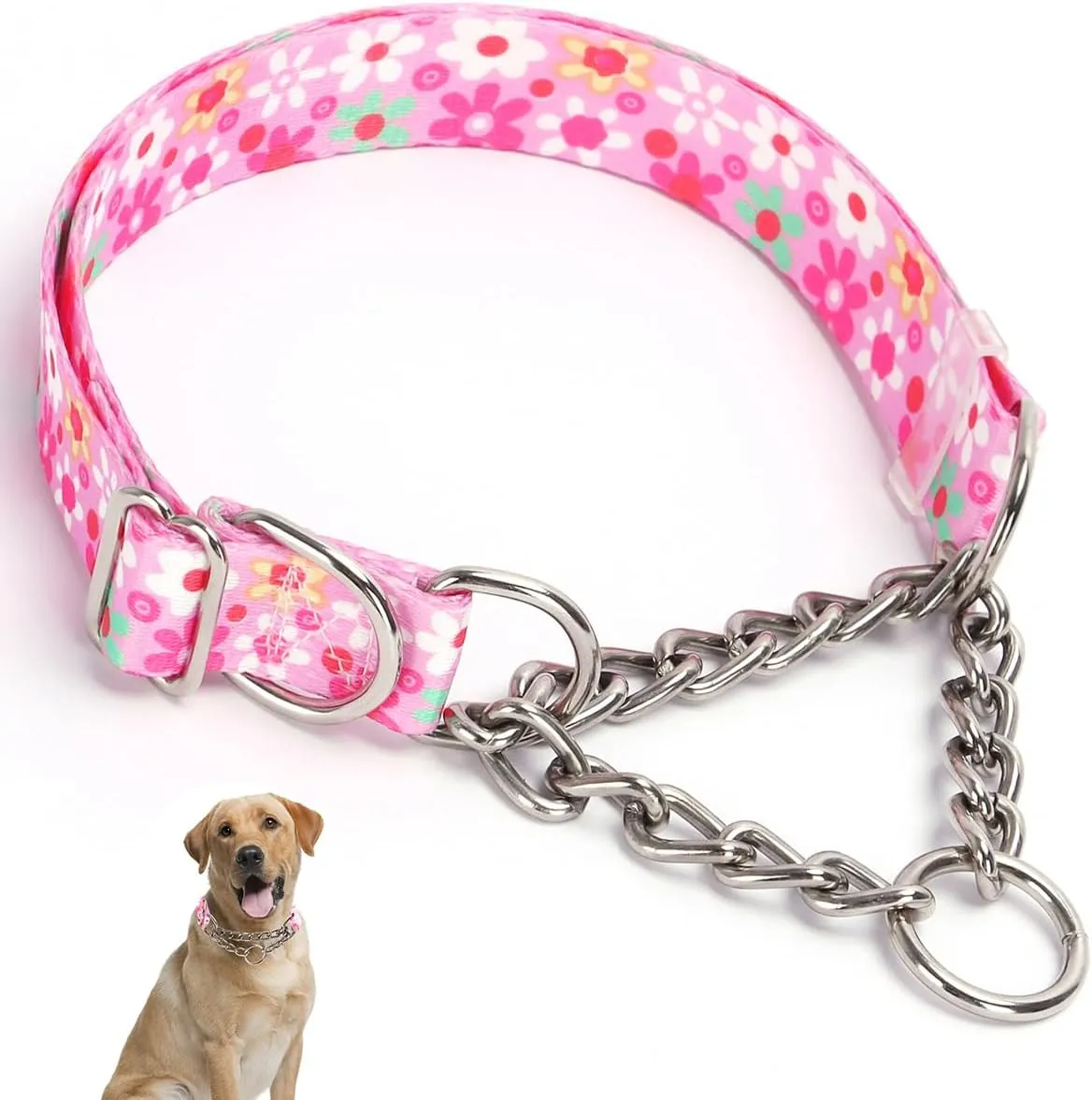 Stainless Steel Chain Martingale Dog Collar, No Pull Slip Cinch Choker Choke Collar Training Escape Proof Heavy Duty Dog Collar for Small Medium Large Pet Girl Female Dogs, Pink Floral XL