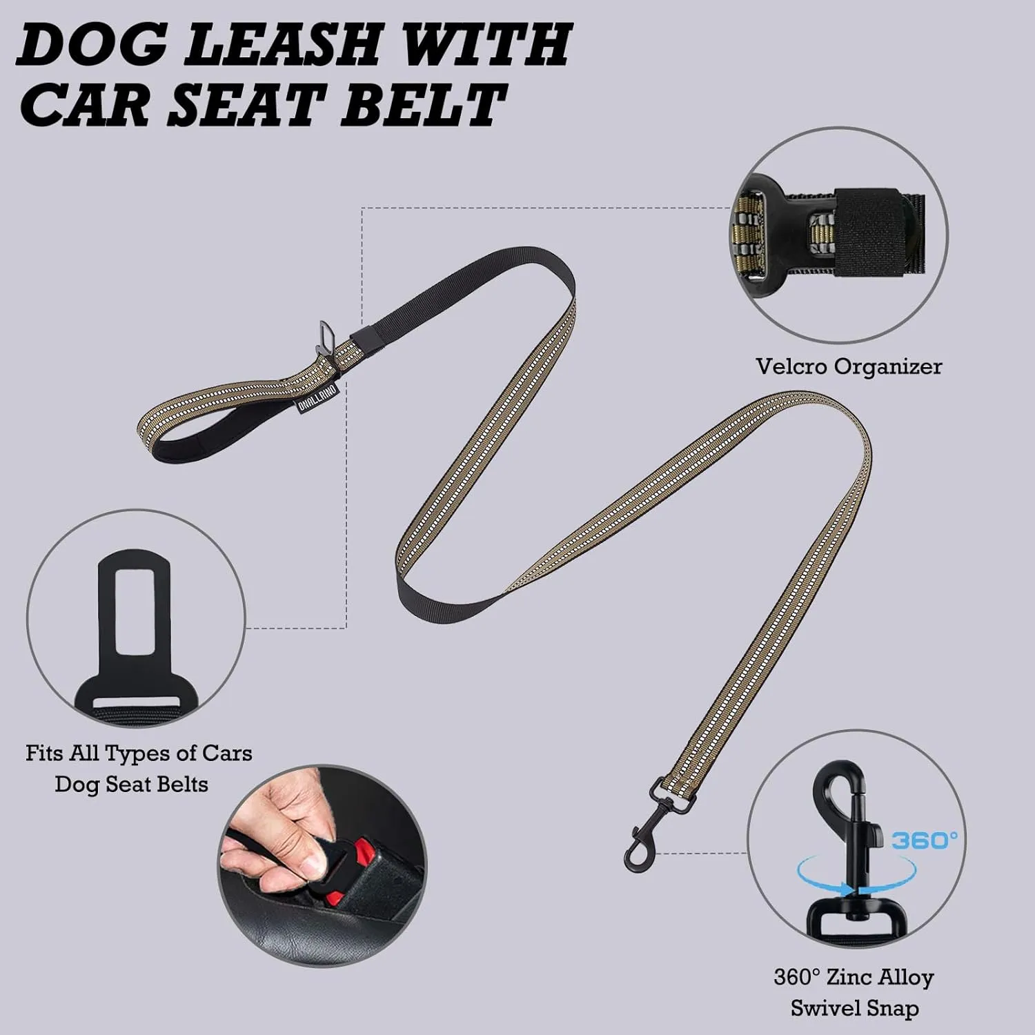 Tactical Dog Harness with Leash for Medium Large Dogs, Dog Car Leash Seat Belt with 5.5Ft No Pull Shock Absorbing, Leash Set with ID Card (Brown, XL)