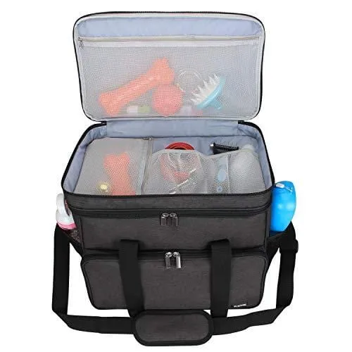 Teamoy Double Layer Dog Travel Bag with 2 Silicone Collapsible Bowls, 2 Food Carriers, 1 Water-Resistant Placemat, Pet Supplies Weekend Tote Organizer(Large, Black)