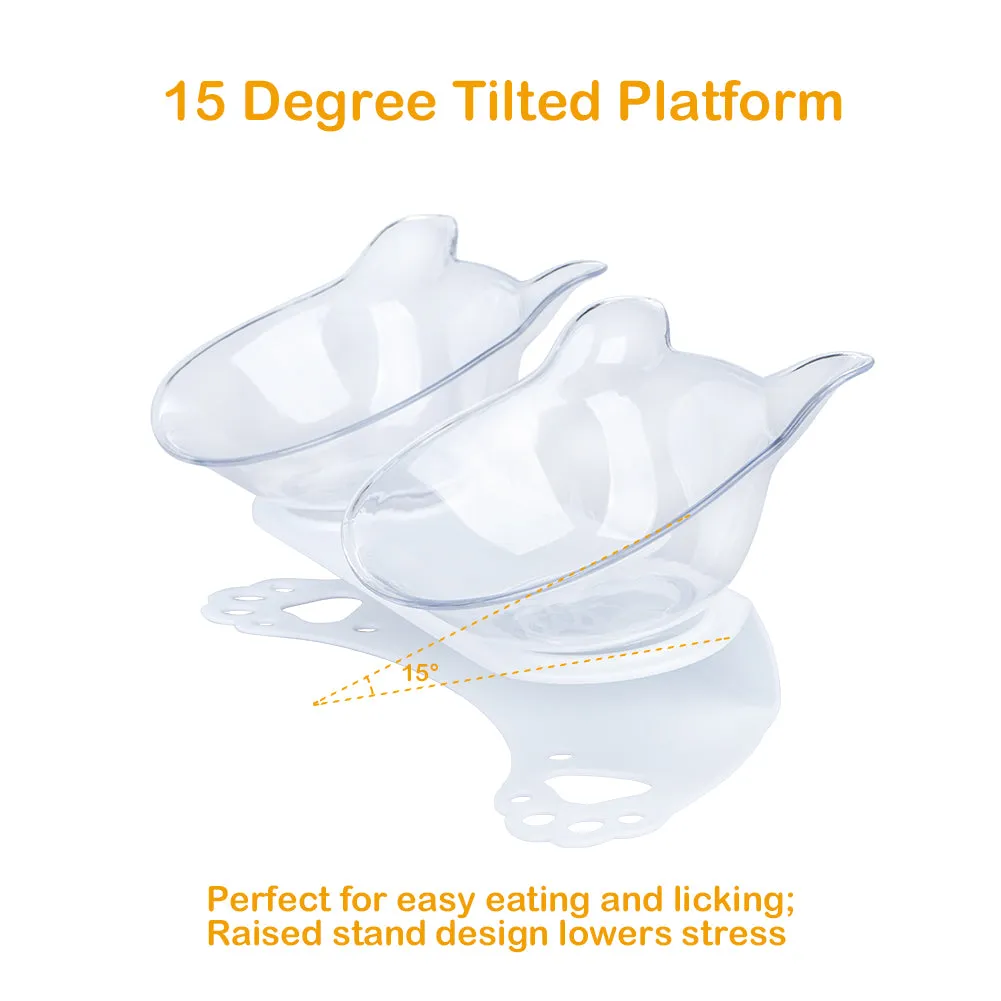 Tilted 15° Plastic Double Cat Feeding Bowls with Stand (Transparent)