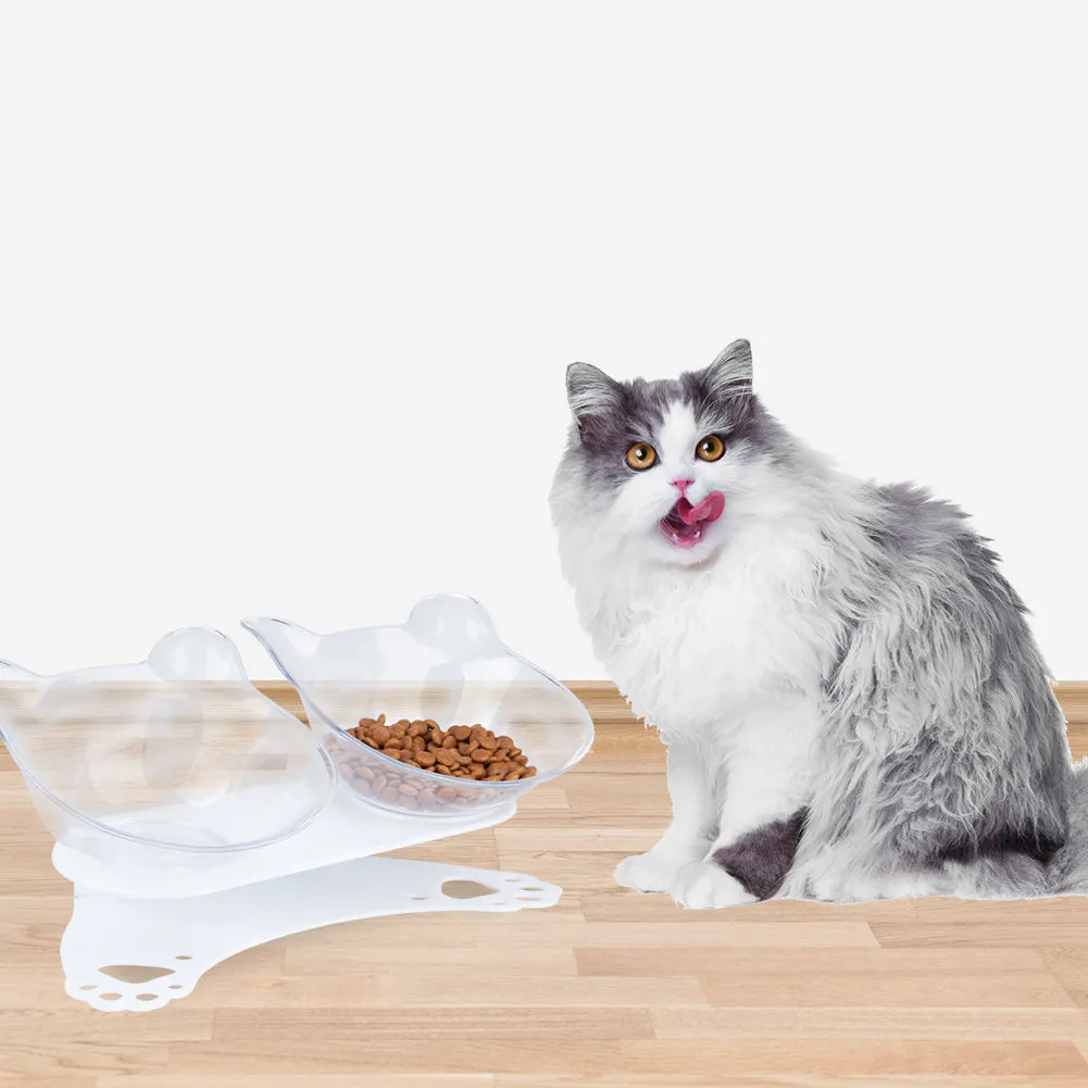 Tilted 15° Plastic Double Cat Feeding Bowls with Stand (Transparent)