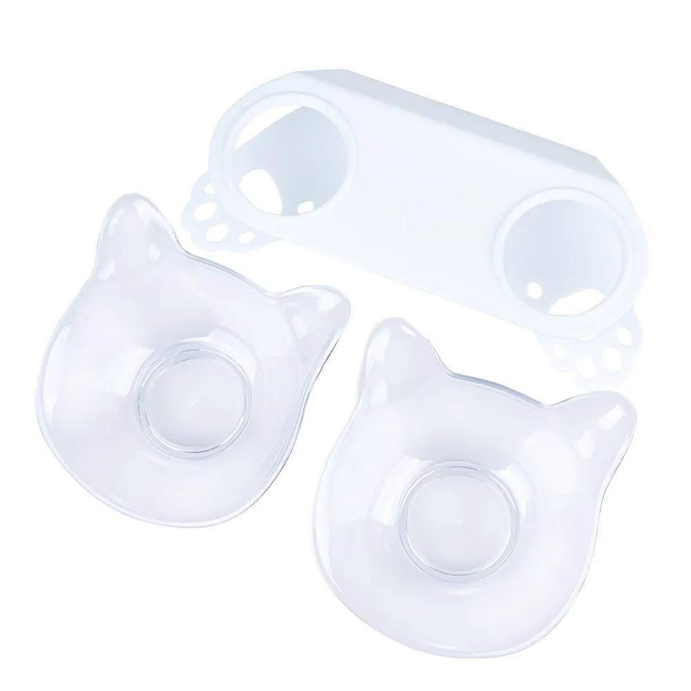 Tilted 15° Plastic Double Cat Feeding Bowls with Stand (Transparent)