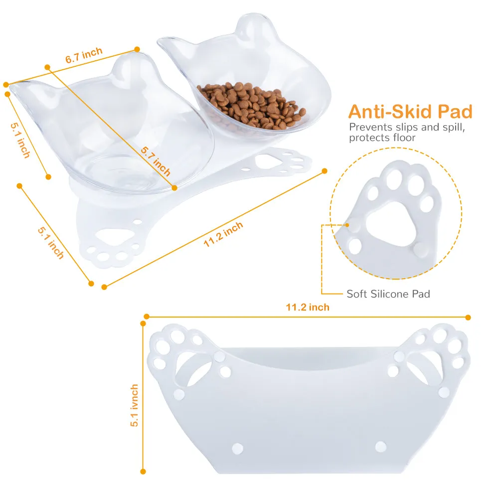 Tilted 15° Plastic Double Cat Feeding Bowls with Stand (Transparent)