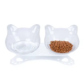 Tilted 15° Plastic Double Cat Feeding Bowls with Stand (Transparent)