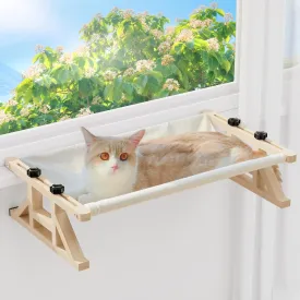 Tresbro 2-in-1 Cat Window Perch & Elevated Cat Hammock, 15.7" W*10.2" H*18.9" L Wooden Frame Pet Bed for Indoor Cats, Easy Setup, Adjustable, No Drilling, Cats Perch for Window, Bedside, Ground