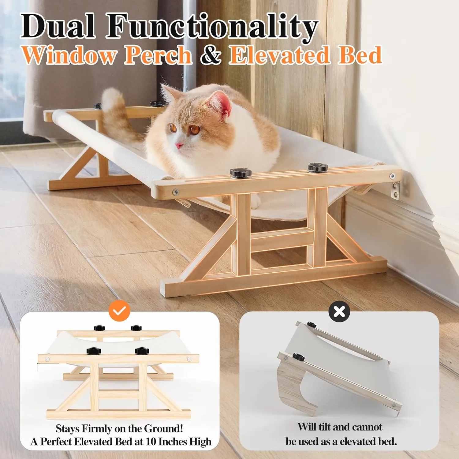 Tresbro 2-in-1 Cat Window Perch & Elevated Cat Hammock, 15.7" W*10.2" H*18.9" L Wooden Frame Pet Bed for Indoor Cats, Easy Setup, Adjustable, No Drilling, Cats Perch for Window, Bedside, Ground