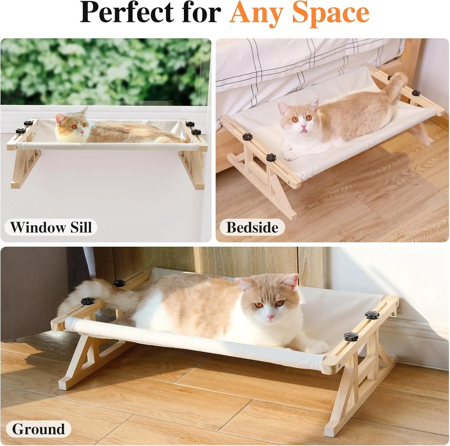 Tresbro 2-in-1 Cat Window Perch & Elevated Cat Hammock, 15.7" W*10.2" H*18.9" L Wooden Frame Pet Bed for Indoor Cats, Easy Setup, Adjustable, No Drilling, Cats Perch for Window, Bedside, Ground
