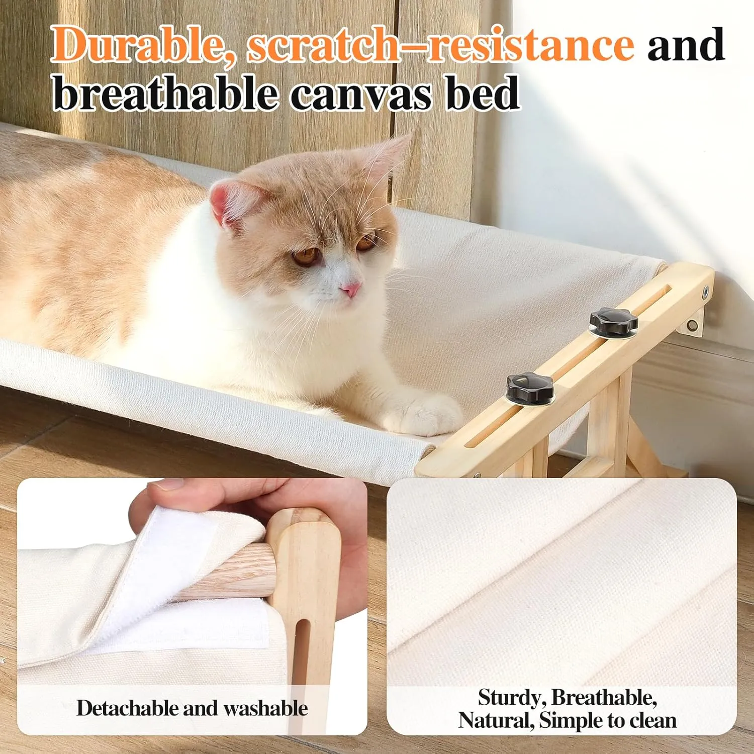 Tresbro 2-in-1 Cat Window Perch & Elevated Cat Hammock, 15.7" W*10.2" H*18.9" L Wooden Frame Pet Bed for Indoor Cats, Easy Setup, Adjustable, No Drilling, Cats Perch for Window, Bedside, Ground