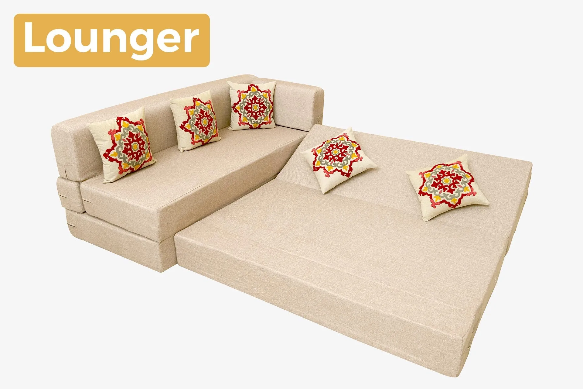 Uberlyfe L Shaped Sofa Bed, Beige | 5 Seater | 5 Red Medallion Cushion (Copy)