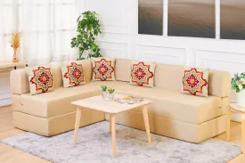 Uberlyfe L Shaped Sofa Bed, Beige | 5 Seater | 5 Red Medallion Cushion (Copy)