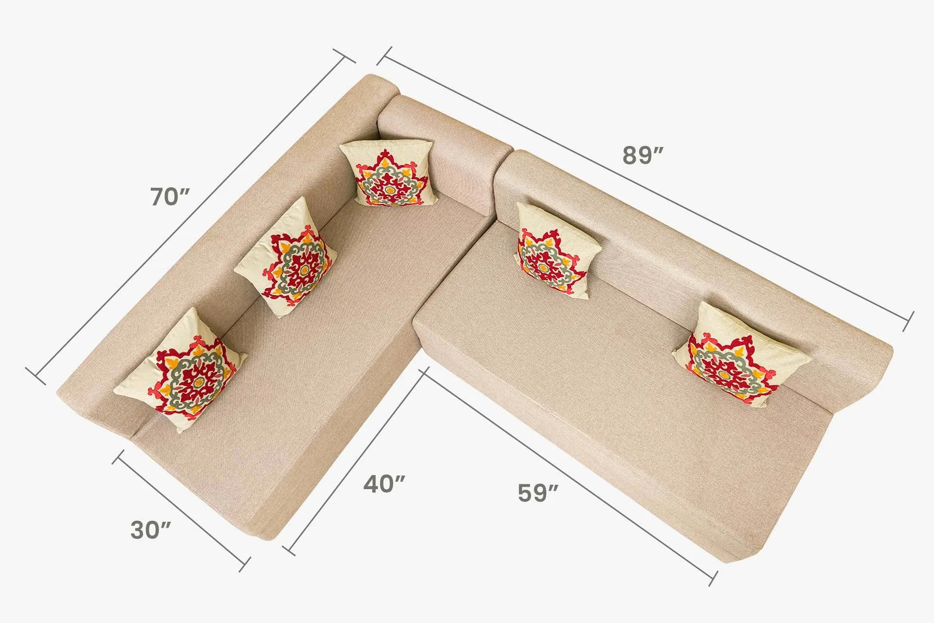Uberlyfe L Shaped Sofa Bed, Beige | 5 Seater | 5 Red Medallion Cushion (Copy)