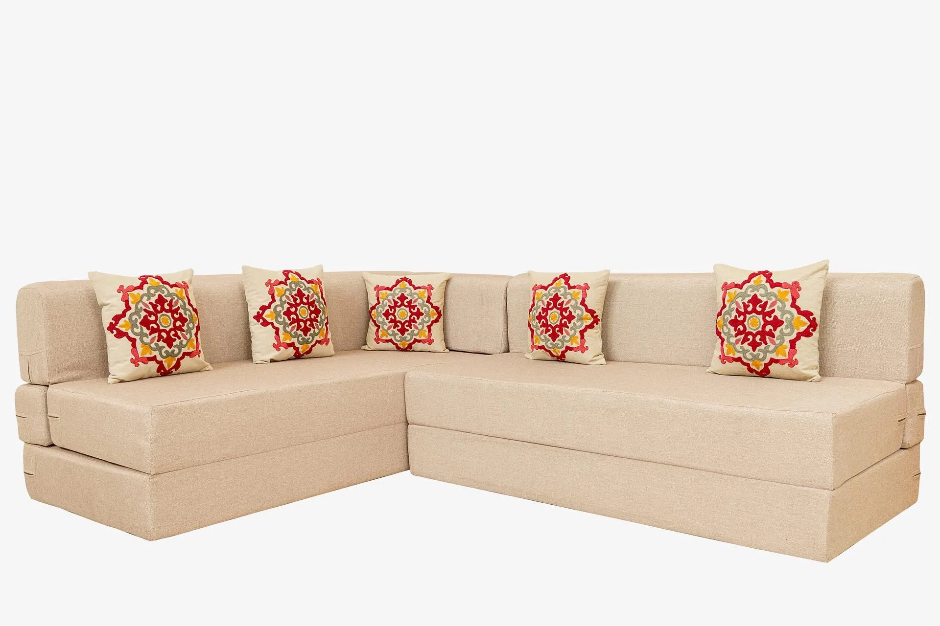 Uberlyfe L Shaped Sofa Bed, Beige | 5 Seater | 5 Red Medallion Cushion