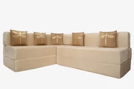Uberlyfe L Shaped Sofa Bed, Quilted Beige | 5 Seater | 5 Dragonfly Cushion
