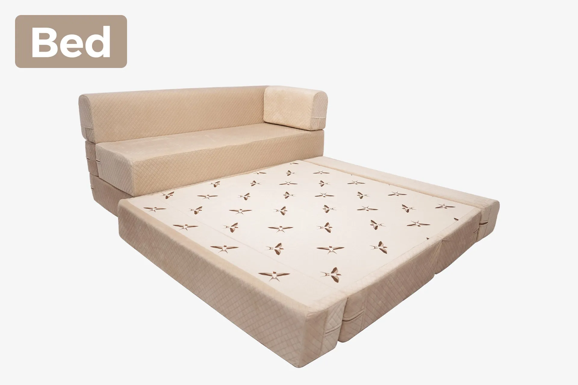 Uberlyfe L Shaped Sofa Bed, Quilted Beige | 5 Seater | 5 Dragonfly Cushion
