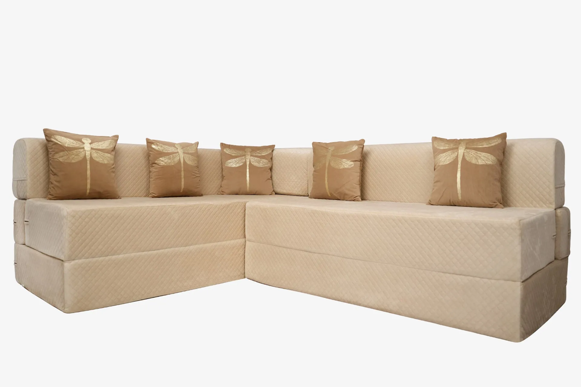 Uberlyfe L Shaped Sofa Bed, Quilted Beige | 5 Seater | 5 Dragonfly Cushion