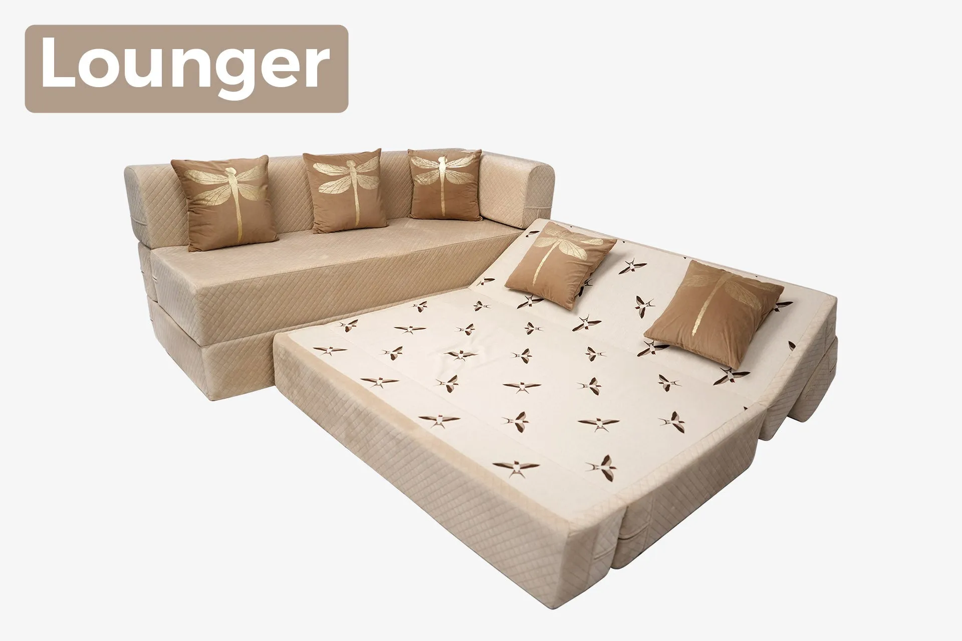 Uberlyfe L Shaped Sofa Bed, Quilted Beige | 5 Seater | 5 Dragonfly Cushion