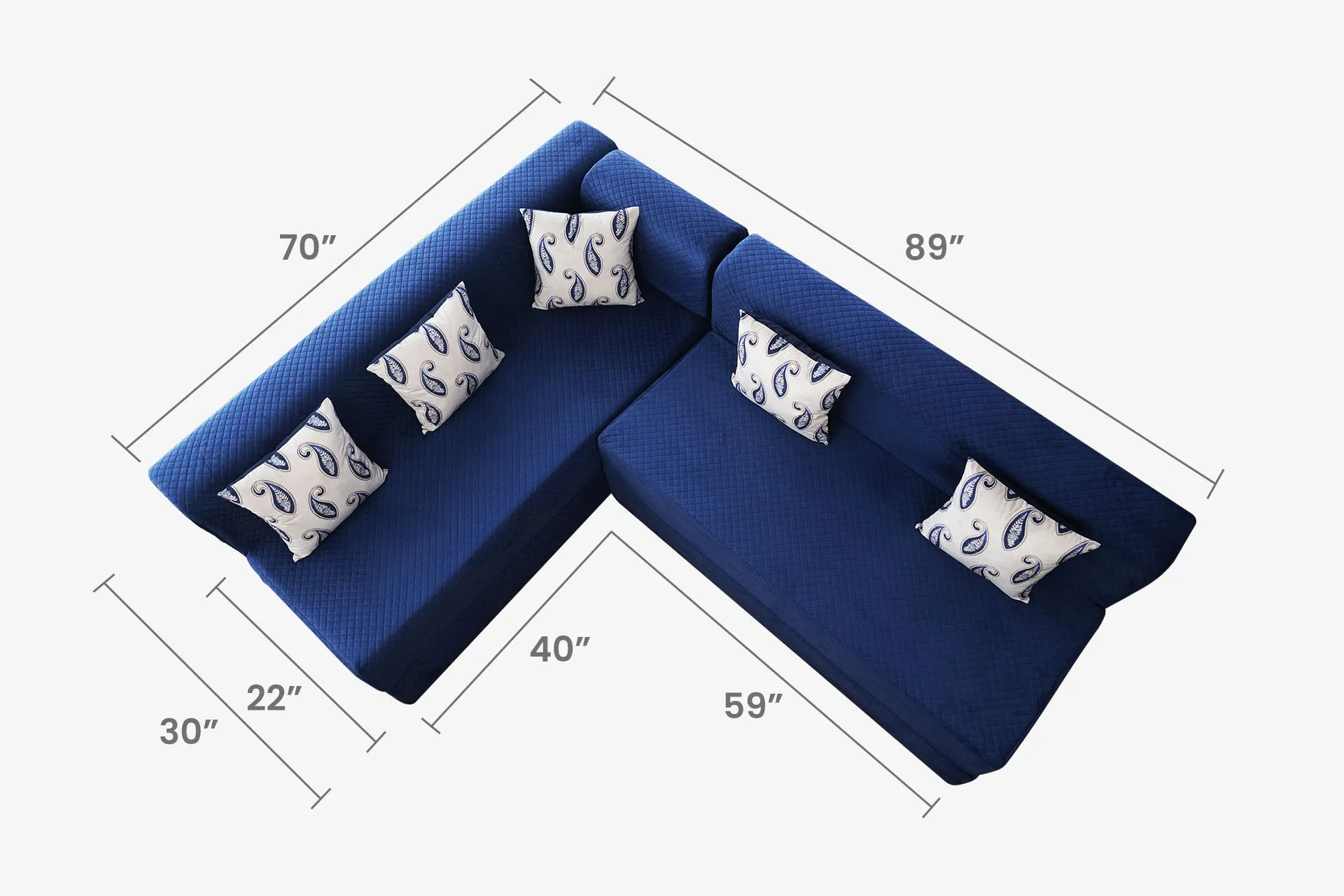 Uberlyfe L Shaped Sofa Bed, Quilted Blue | 5 Seater | 5 Blue Paisley Cushion