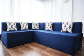 Uberlyfe L Shaped Sofa Bed, Quilted Blue | 5 Seater | 5 Blue Paisley Cushion