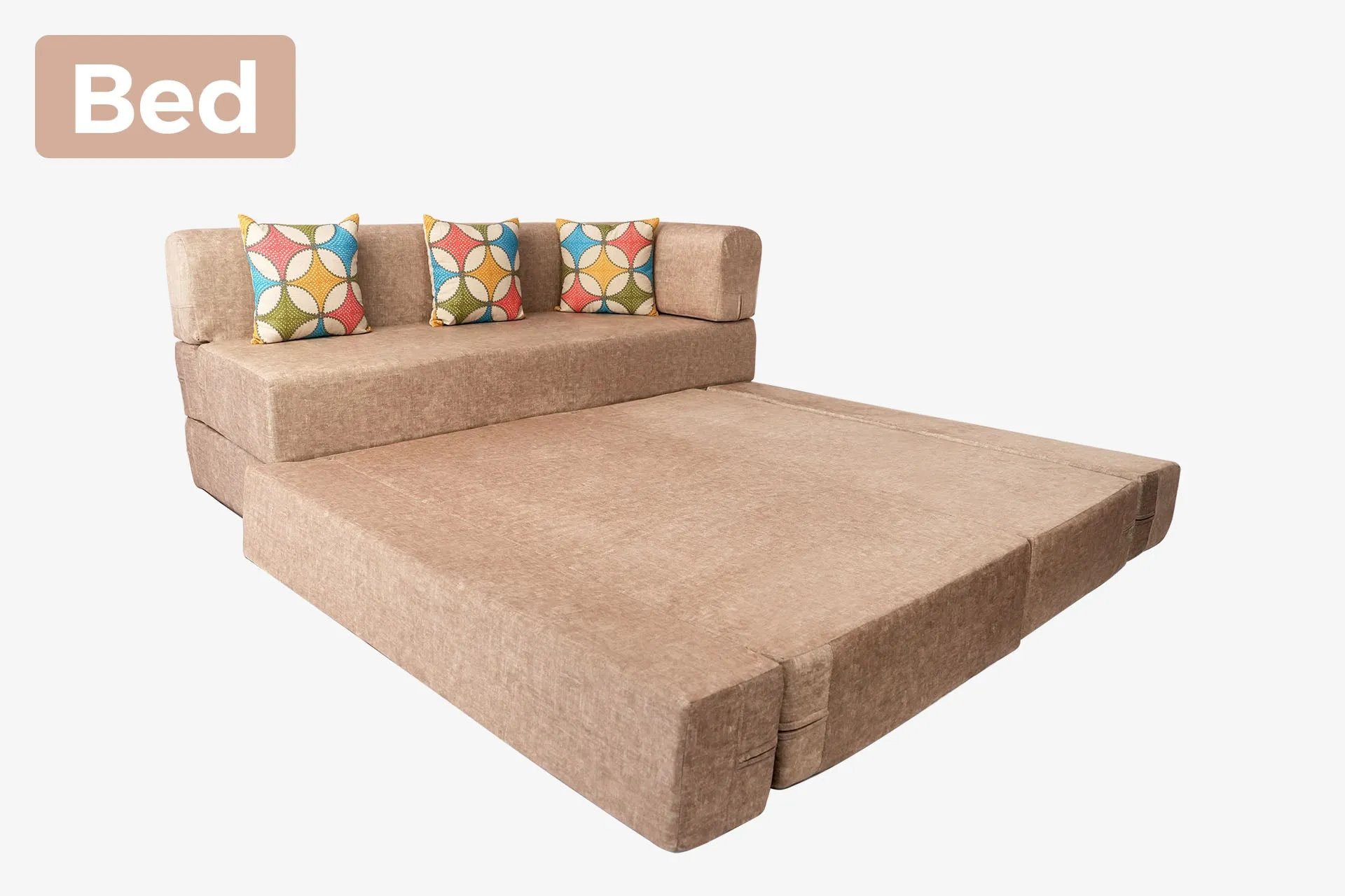 Uberlyfe L Shaped Sofa Bed, Velvet Beige | 5 Seater | 5 Jharokha Cushion