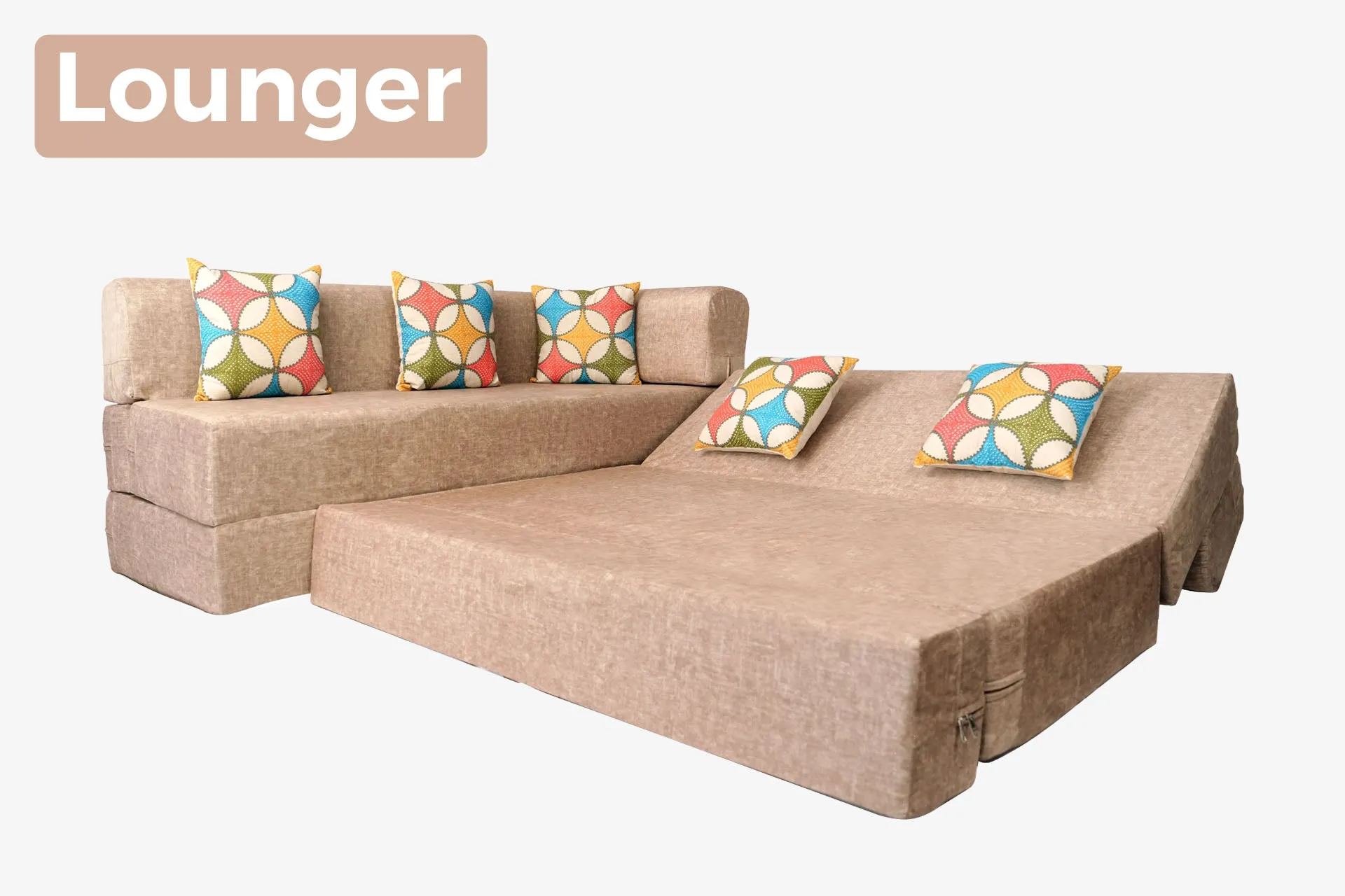 Uberlyfe L Shaped Sofa Bed, Velvet Beige | 5 Seater | 5 Jharokha Cushion