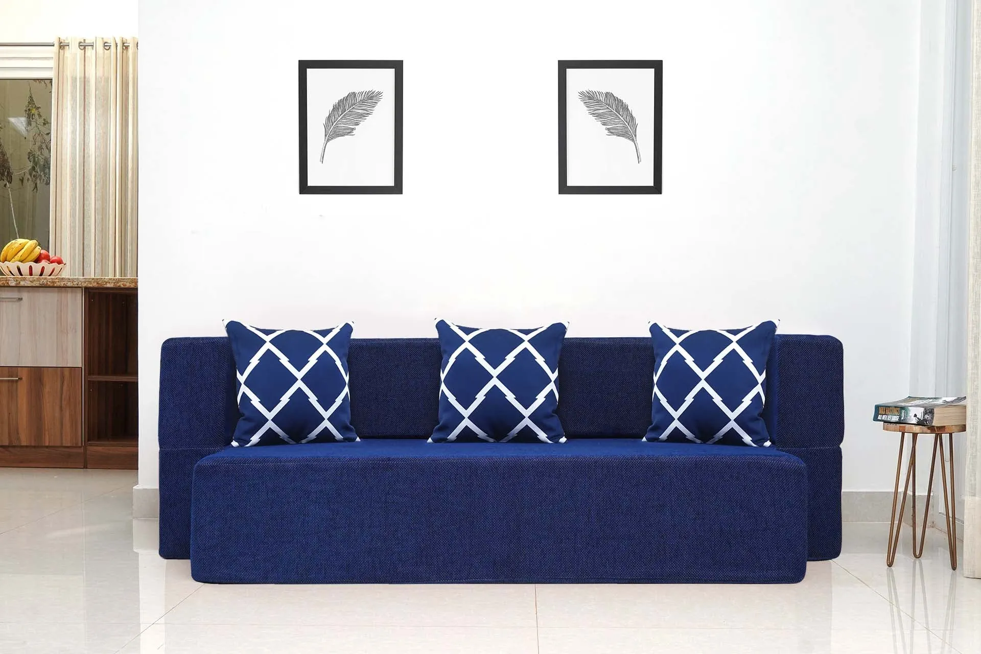 Uberlyfe New Age Folding Sofa Bed, Dotted Blue | 3 Seater | 3 Arrow Cushion