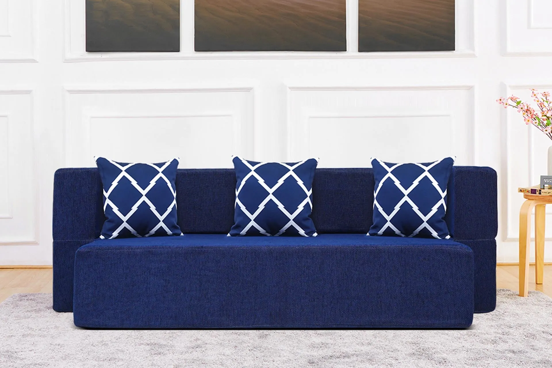 Uberlyfe New Age Folding Sofa Bed, Dotted Blue | 3 Seater | 3 Arrow Cushion
