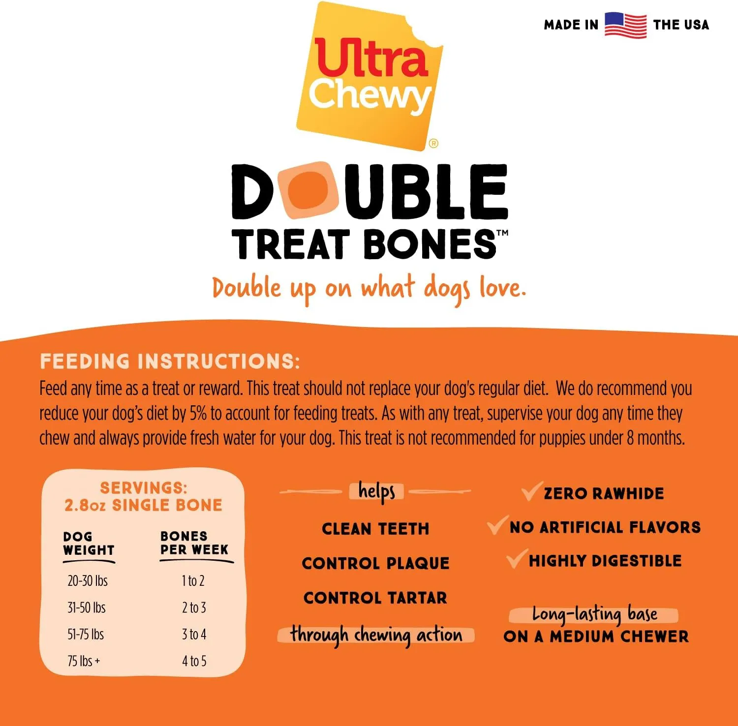 Ultra Chewy Bacon and Cheese Double Treat Bones: Long-Lasting Chews Made in USA, Highly Digestible, for Aggressive Chewers (Bacon and Cheese, 6 Count)