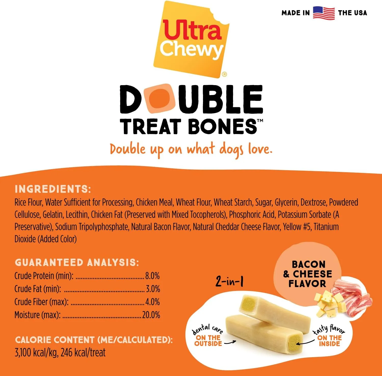 Ultra Chewy Bacon and Cheese Double Treat Bones: Long-Lasting Chews Made in USA, Highly Digestible, for Aggressive Chewers (Bacon and Cheese, 6 Count)