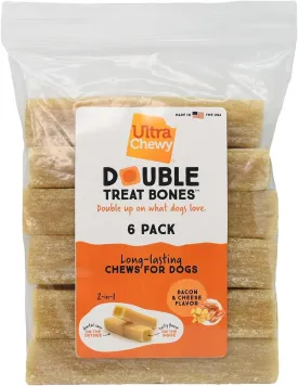 Ultra Chewy Bacon and Cheese Double Treat Bones: Long-Lasting Chews Made in USA, Highly Digestible, for Aggressive Chewers (Bacon and Cheese, 6 Count)