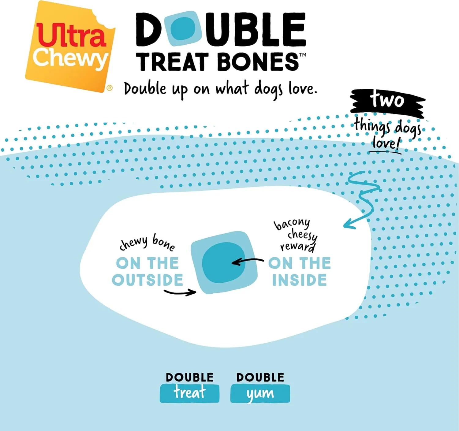 Ultra Chewy Bacon and Cheese Double Treat Bones: Long-Lasting Chews Made in USA, Highly Digestible, for Aggressive Chewers (Bacon and Cheese, 6 Count)