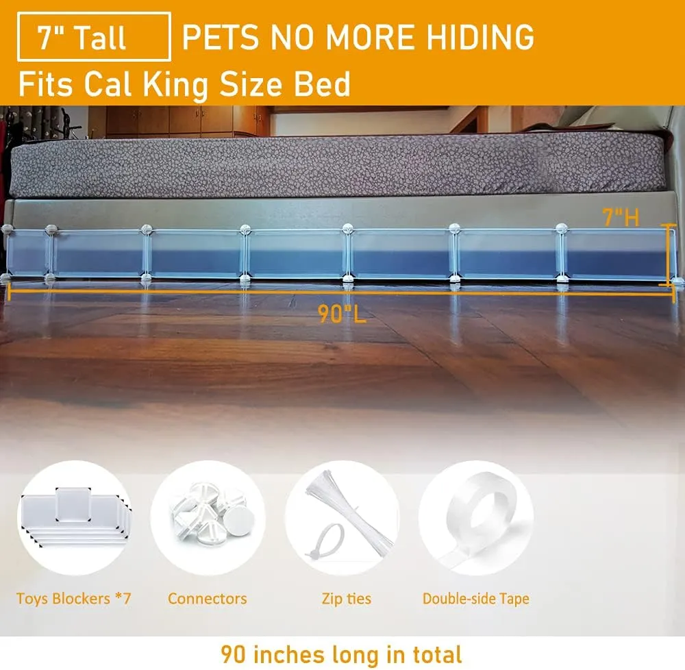 Under Bed Blocker for Pets, Gap Bumper for Under Bed, Stop Things Going Under Bed or Sofa Couch, Toys Blocker for Cats Dogs, Easy to Install, Total 7" Height 90" Length, White