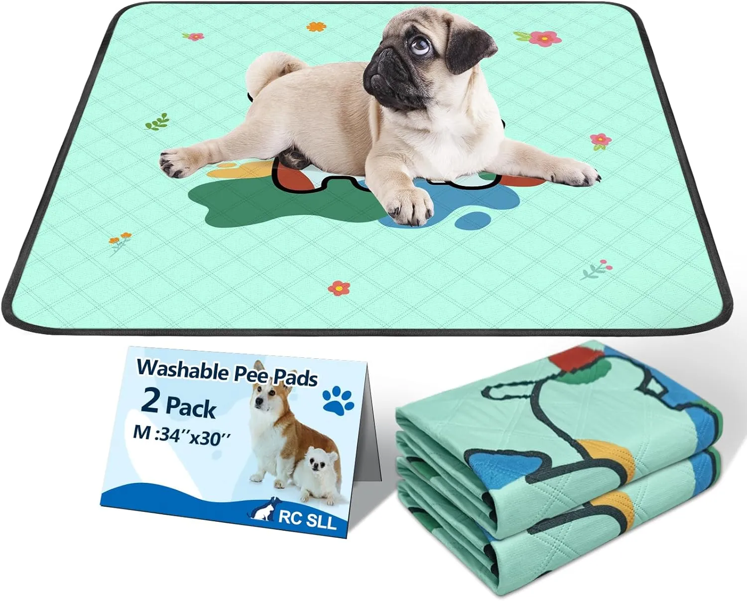 Washable Pee Pads for Dogs,2 Pack Reusable Puppy Pads,Absorbent & Leak-Proof Dog Potty Training Pads, Non Slip Training Mats Suitable for Puppy Potty,Rabbit Pen ,Guinea Pig Enclosure (Blue,M:34:30")