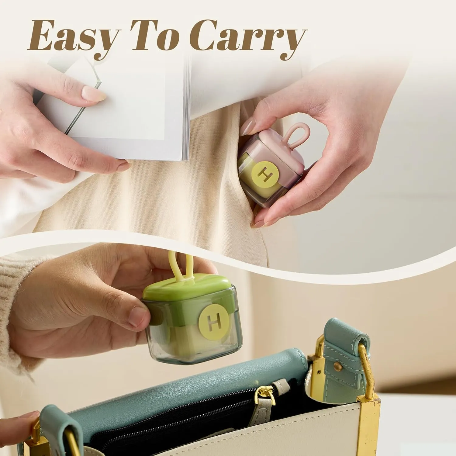 Washable Reusable Lint Roller,Mini Lint Rollers,Portable Pet Hair Remover for Clothes, Furniture & Car Seats (2, Green Beige)