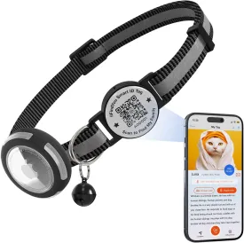 Waterproof Airtag Cat Collar Breakaway, Reflective Cat Collars with Apple Airtag Holder and Qr Code, Adjustable GPS Tracker Kitten Collar Black